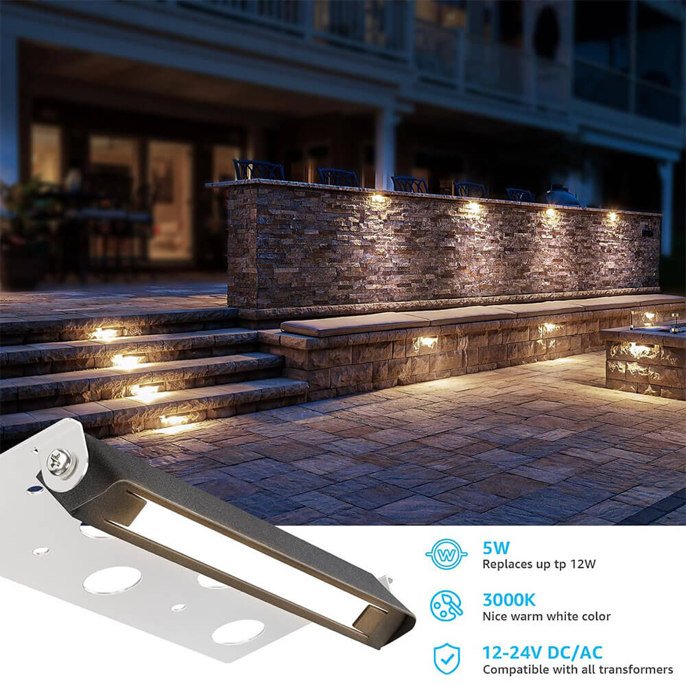 12V-24V Low Voltage 5W LED 7 Inch Hardscape Retaining Wall Step Lights with Connectors 12-Pack CLWF-05-12C SUNVIE