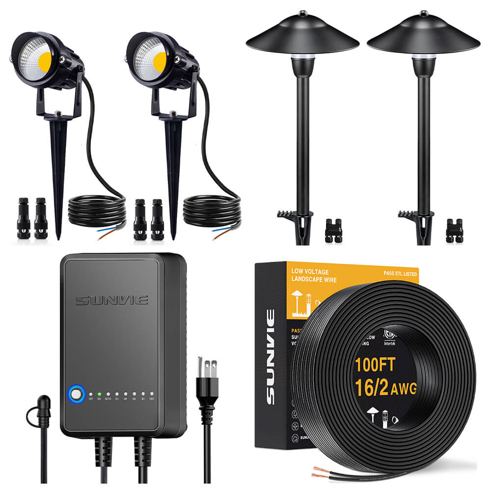 Low Voltage 2 Stake Path Lights + 2 Spotlights 4 Pack Complete Lighting Kit KTW-W2S2PA