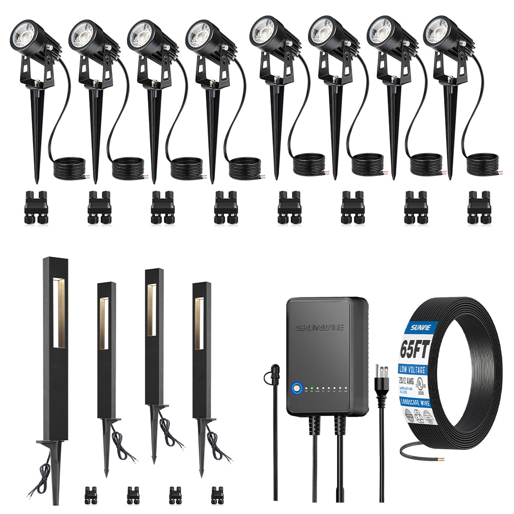 Low Voltage Landscape Spotlights + Hollow Cuboid Path Lights 12 Pack Complete LIghting Kit KTW-W8S4FA