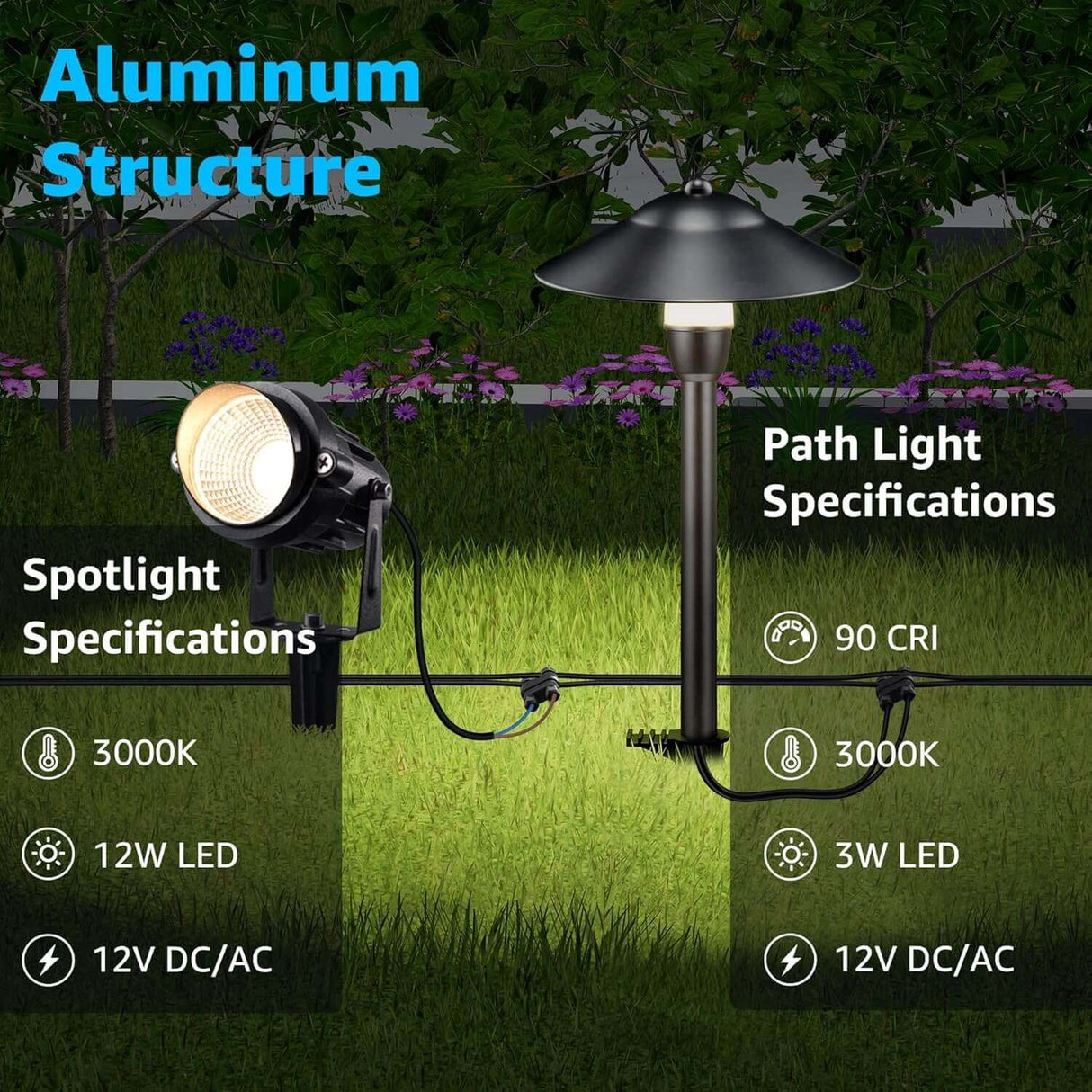 Low Voltage 2 Stake Path Lights + 2 Spotlights 4 Pack Complete Lighting Kit KTW-W2S2PA