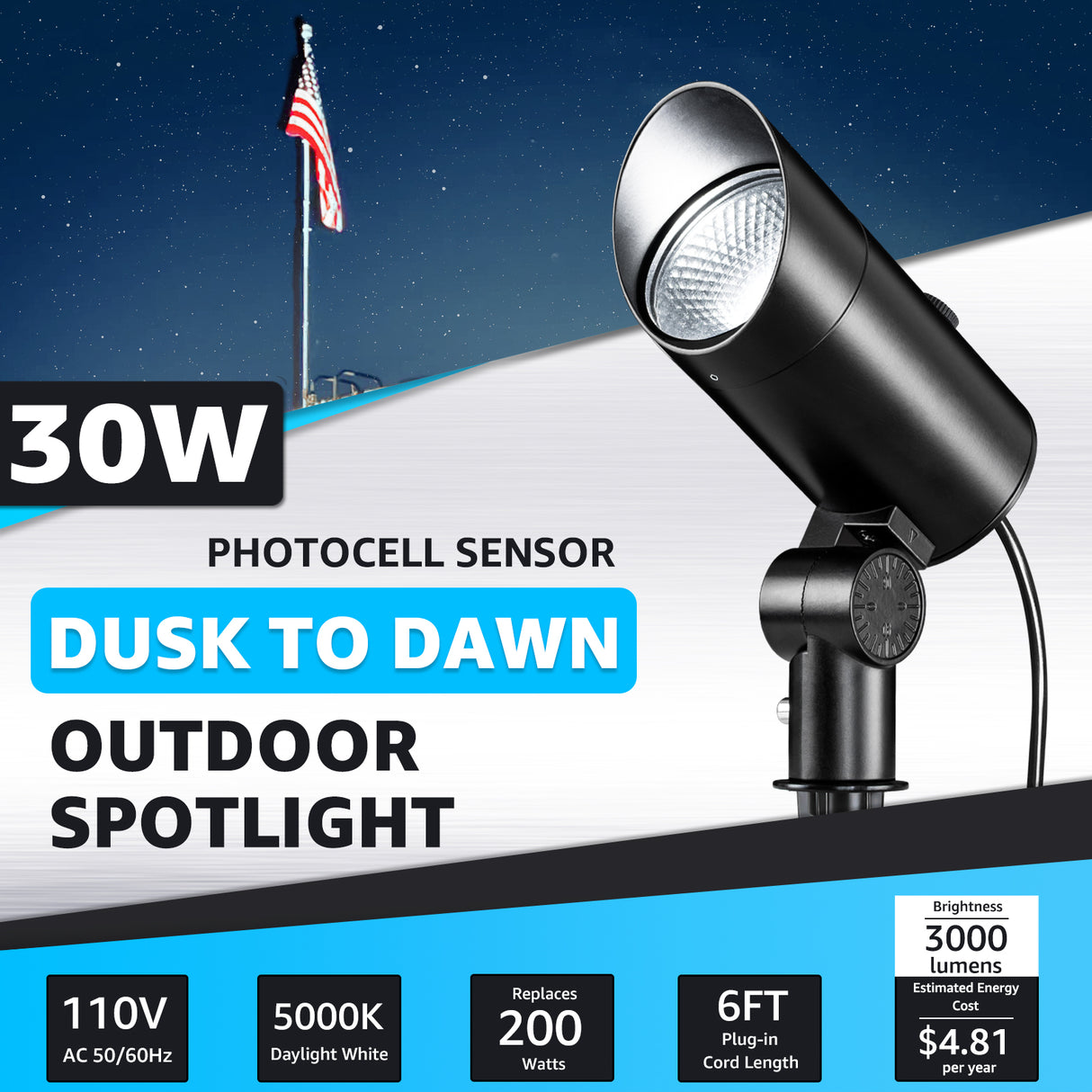 120V 30W 5000K Daylight White Outdoor Flag Pole Spotlight with Photocell Sensor CHDP-30A-01