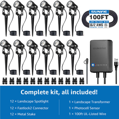 All-In-One Low Voltage Landscape Lights Kit with Transformer, Wire & Connectors 12 Pack KTW-W12SA