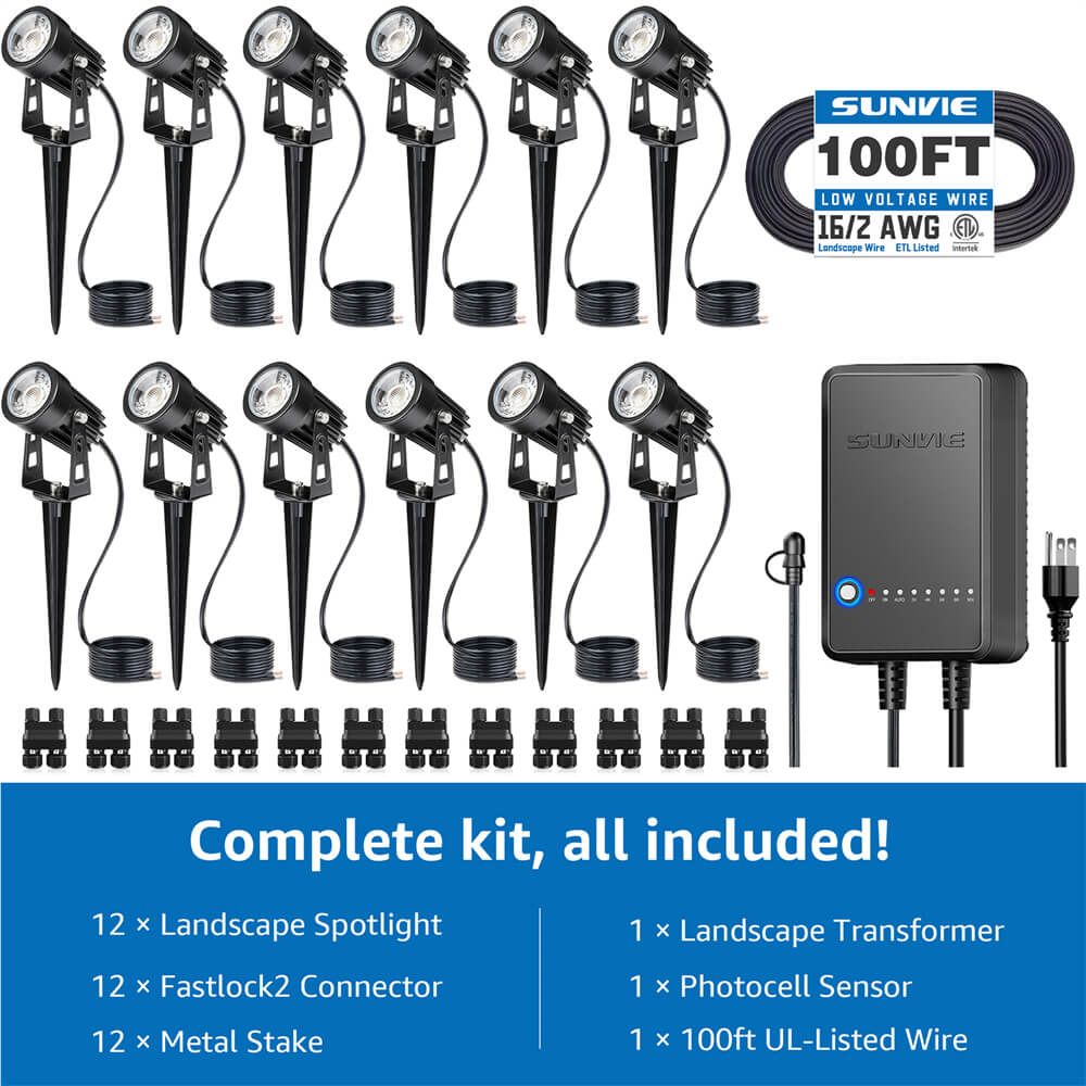 All-In-One Low Voltage Landscape Lights Kit with Transformer, Wire & Connectors 12 Pack KTW-W12SA