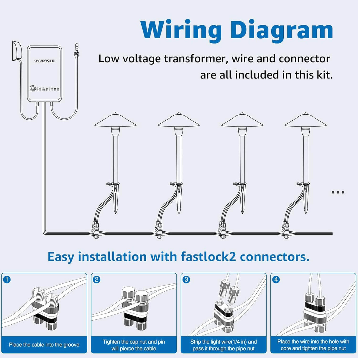 3W Low Voltage LED Pathway Lighting Kit with 60W Transformer & Wire & Connectors 8 Pack KTW-W8PA SUNVIE