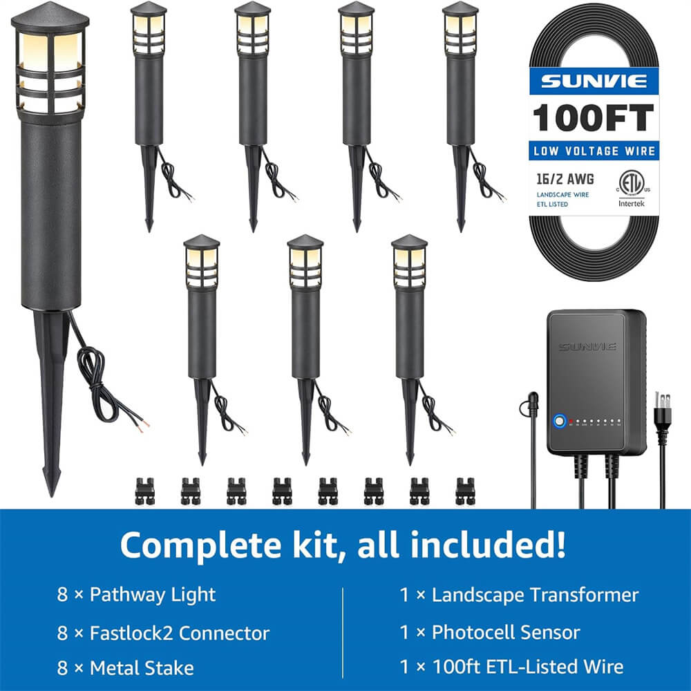 3W Low Voltage LED Cylinder Pathway Lighting Kit with Transformer & Wire & Connectors 8 Pack KTW-W8YA SUNVIE