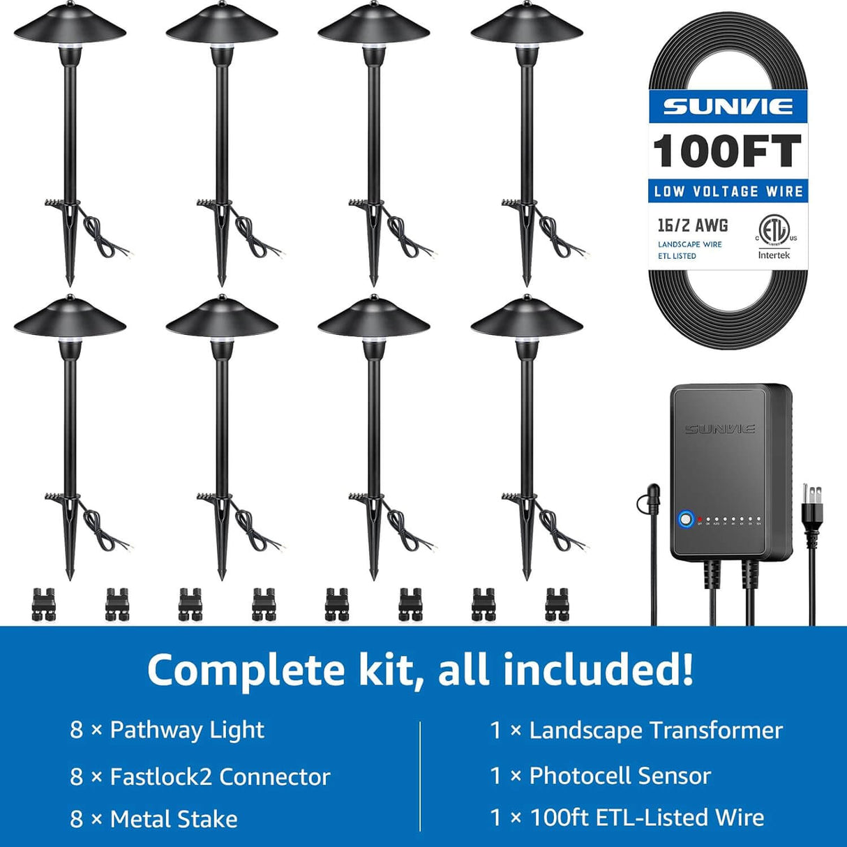 3W Low Voltage LED Pathway Lighting Kit with 60W Transformer & Wire & Connectors 8 Pack KTW-W8PA SUNVIE