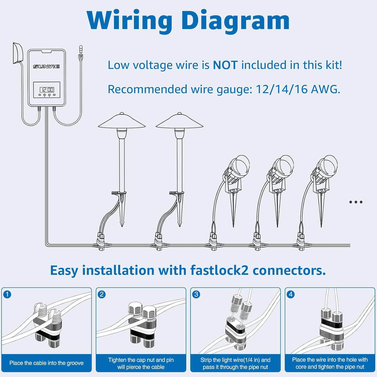 Low Voltage Landscape Lighting Kit 4 Stake Pathway Lights + 6 Spotlights with Connectors & Transformer 10 Pack TB-W6S4P SUNVIE
