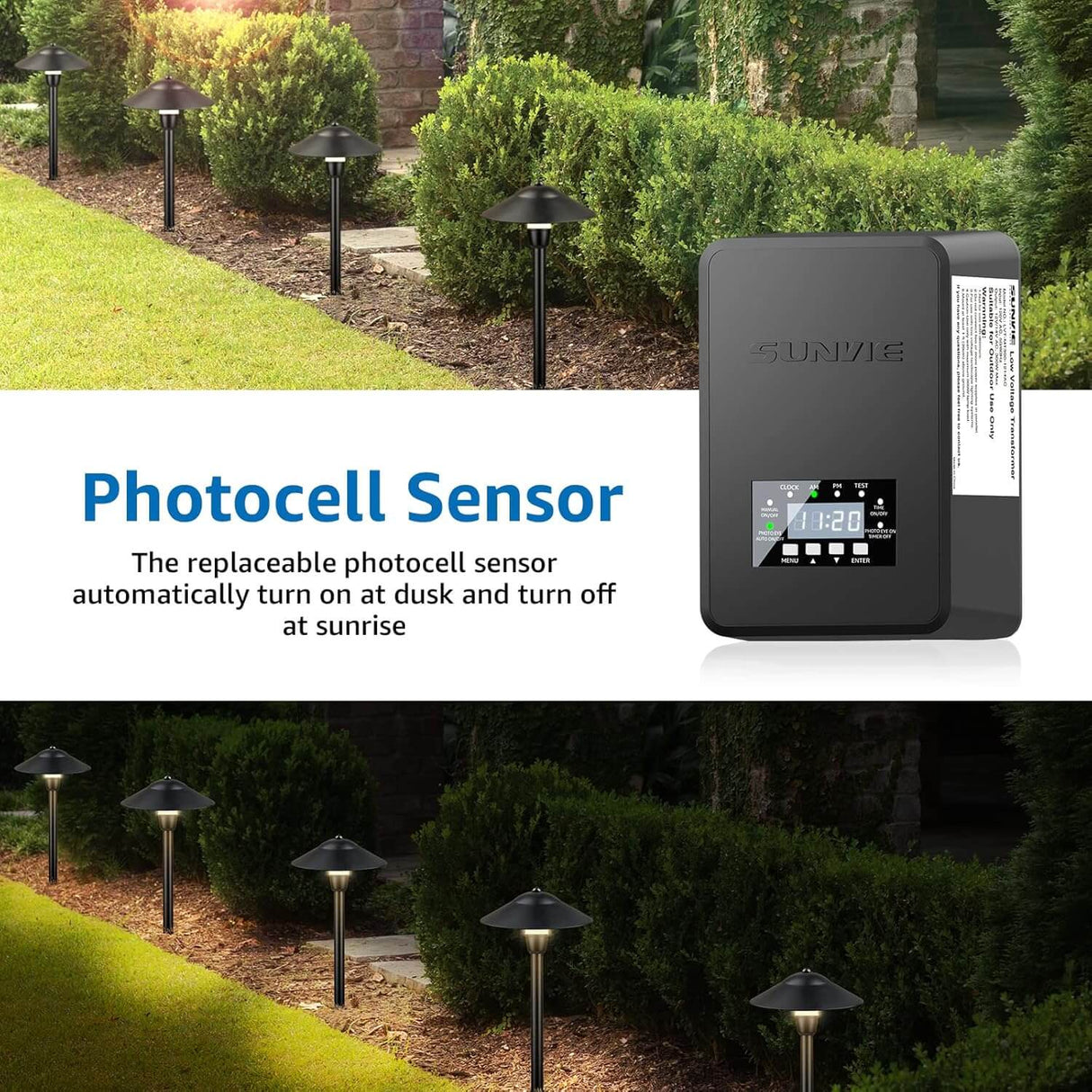 200W Low Voltage Landscape Lighting Transformer with Timer and Photocell Sensor LVT-MH-200W SUNVIE