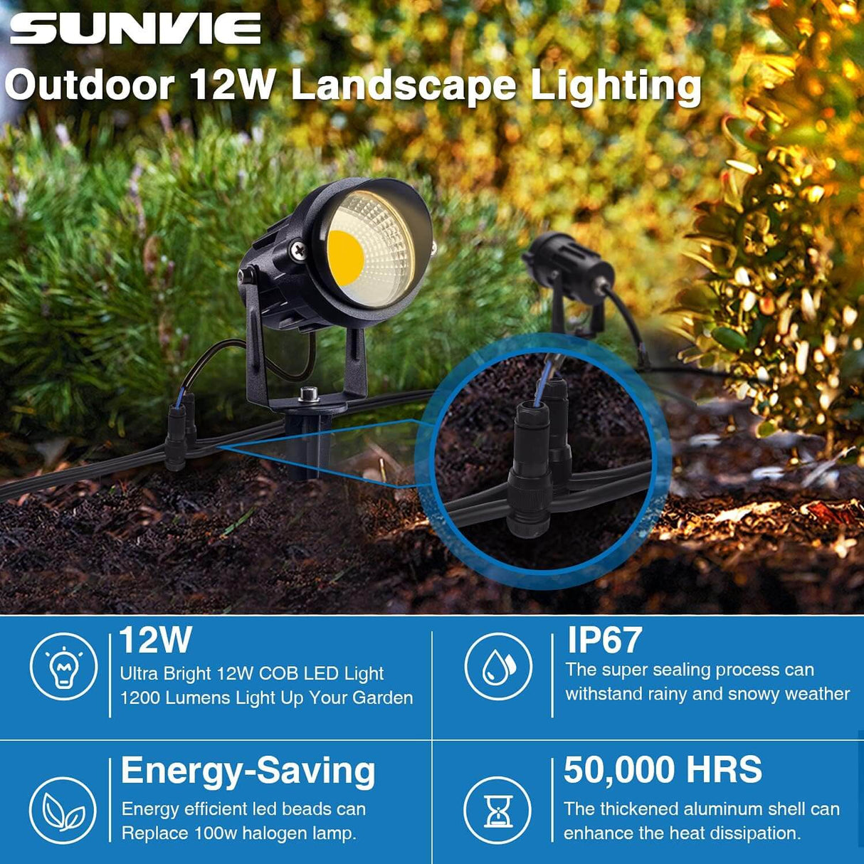 Low Voltage 12W Waterproof 3000K Landscape Lighting with Spike Stand & Connectors 2 Pack CLWS-12-02C SUNVIE