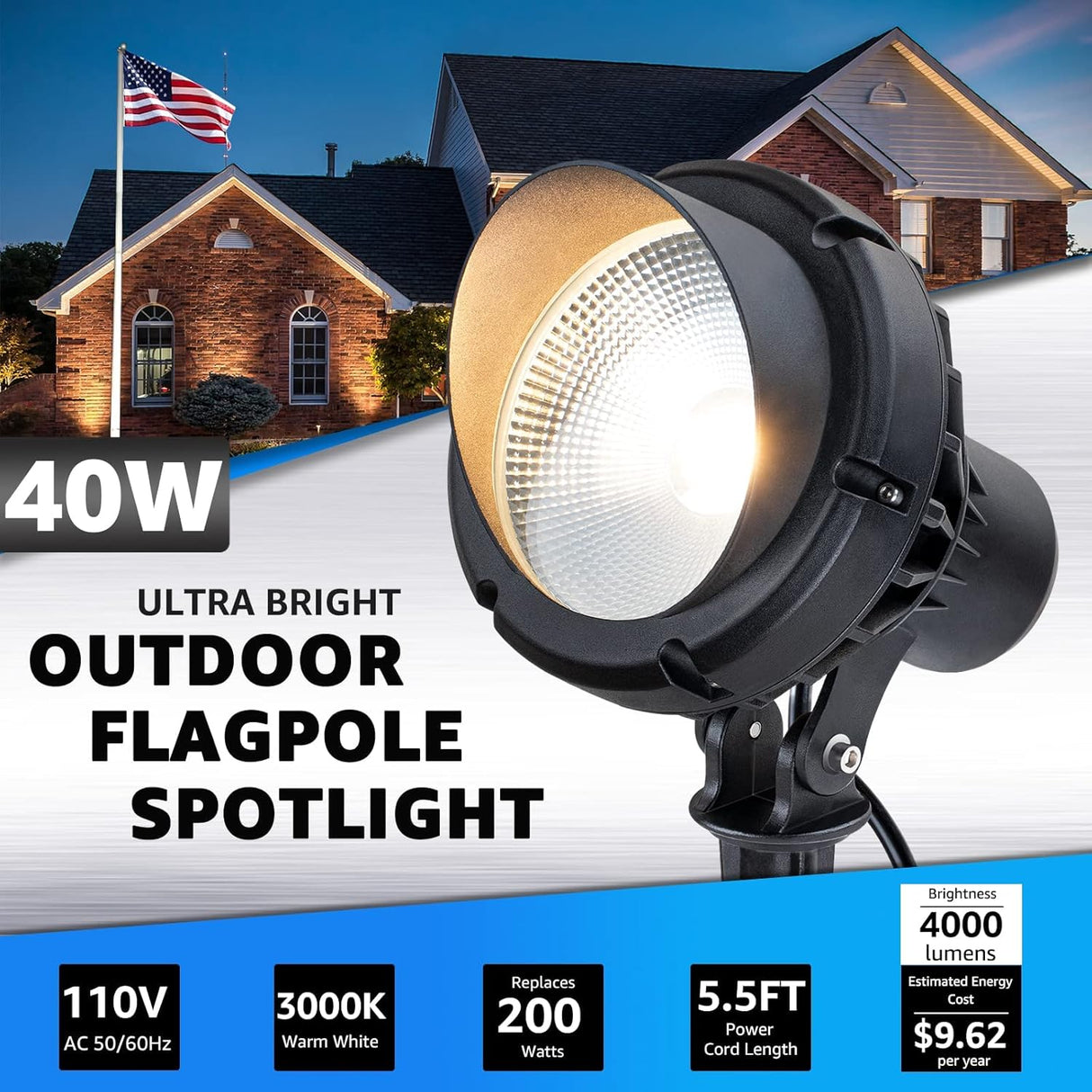 120V 40W Ultra Bright 4000LM Outdoor Landscape Spotlight with Stake & 5.5FT Cord CHW-40A-01 SUNVIE