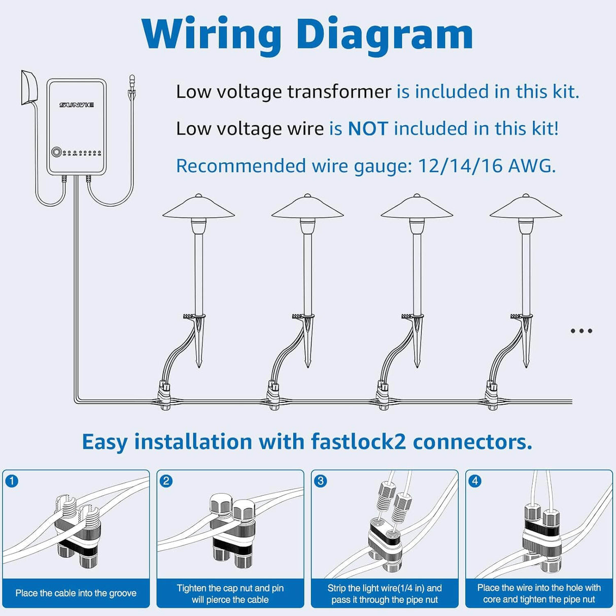 3W LED Low Voltage Landscape Pathway Lights Kit with 60W Transformer & Connectors 8 Pack KT-W8PA SUNVIE