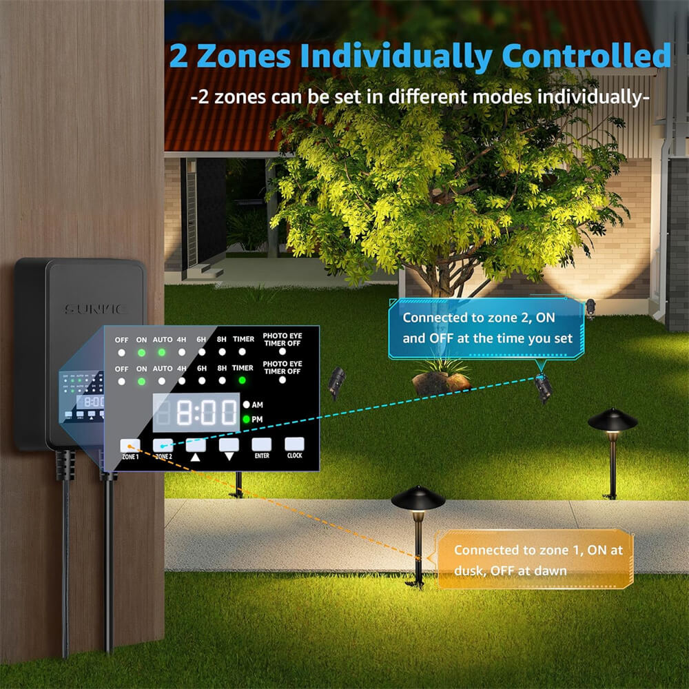 200W Landscape Lights Transformer with 2 Independent Control Output & Timer & Photocell Sensor LVT-MH2Z-200W SUNVIE