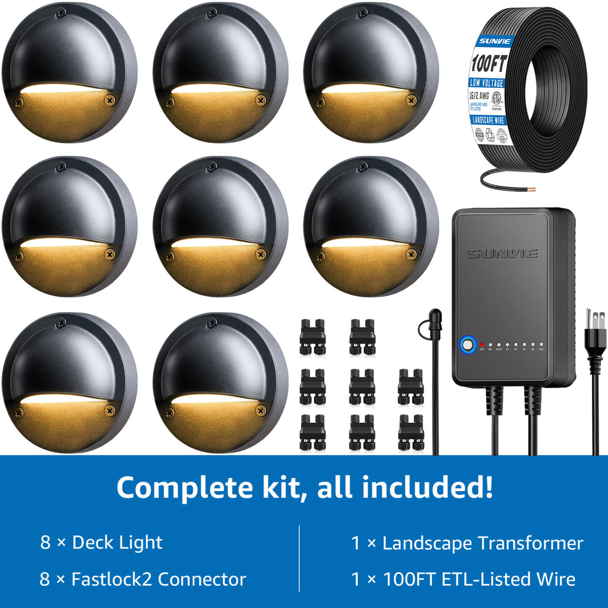 All-In-One Low Voltage Deck Lights Kit with Transformer, Wire & Connectors 8 Pack KTW-W8YBB