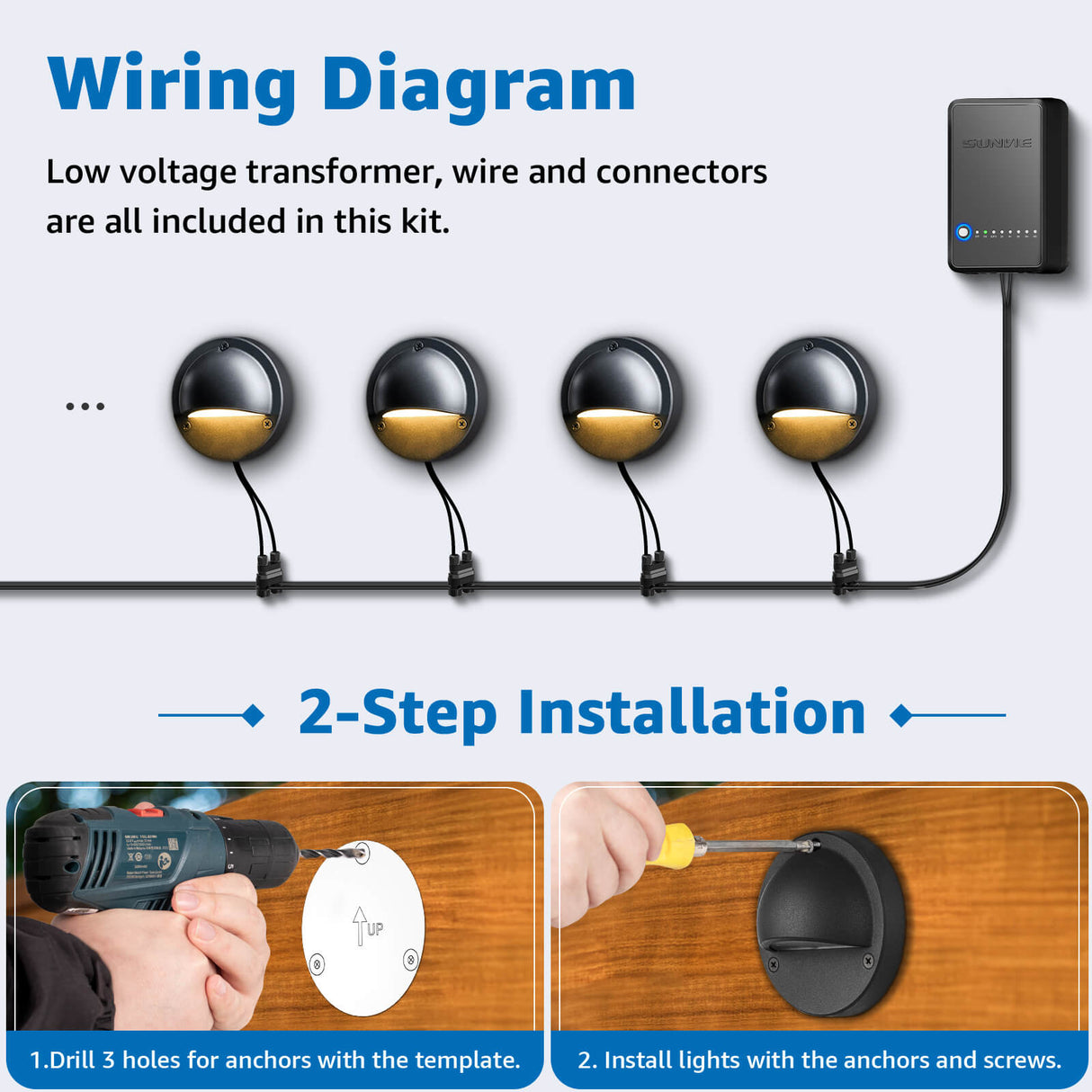 All-In-One Low Voltage Deck Lights Kit with Transformer, Wire & Connectors 8 Pack KTW-W8YBB