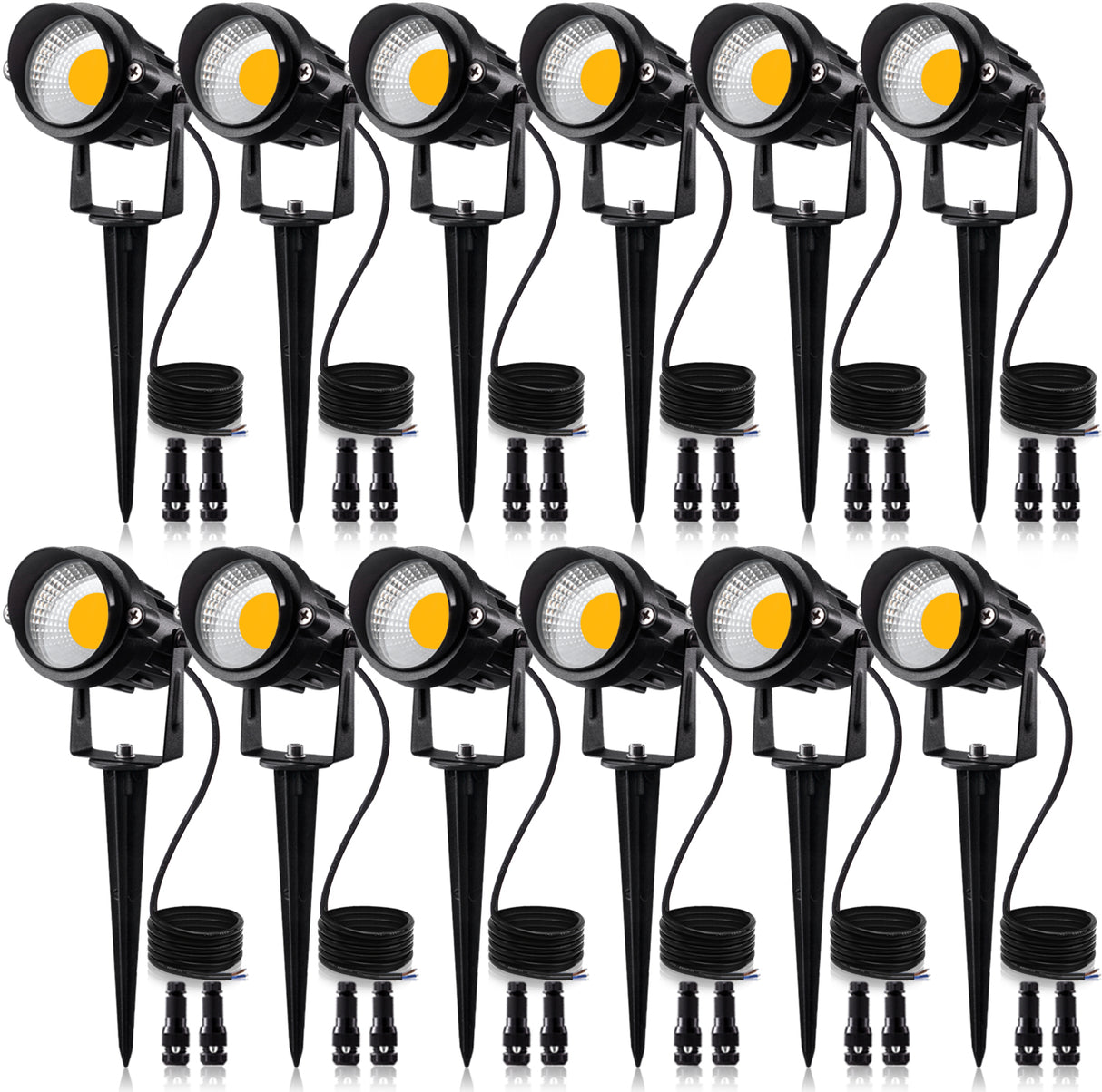SUNVIE 12W Low Voltage LED Landscape Lights with Connectors, Outdoor 12V Super Warm White (900LM) Waterproof Garden Pathway Lights Wall Tree Flag Spotlights with Spike Stand (12 Pack with Connector) Lee Lighting