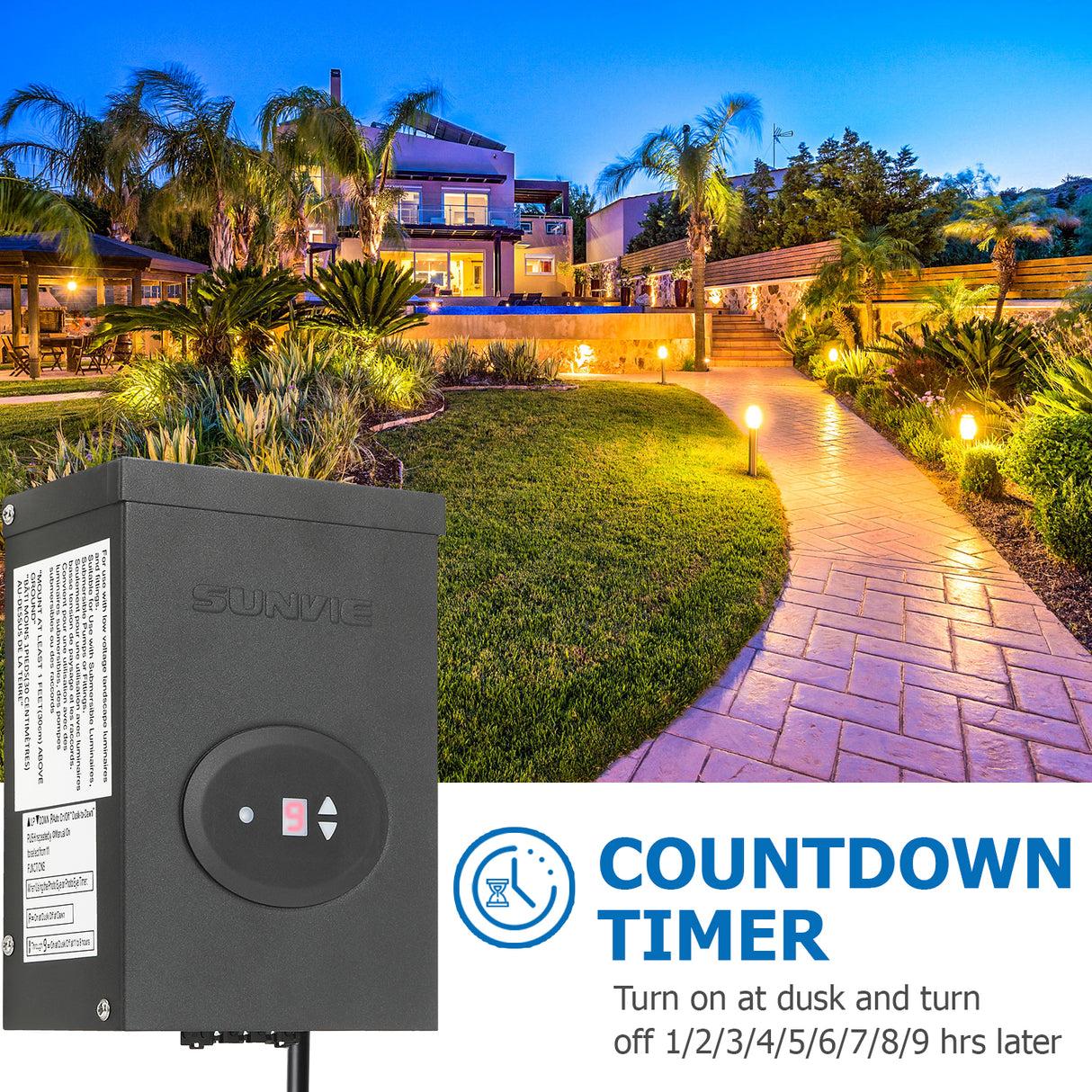 SUNVIE 300W Low Voltage Transformer for Landscape Lighting with Timer and Photocell Sensor Waterproof Power Supply for Landscape Lights Path Lights Outdoor Spotlight 120V AC to 12V /14V AC(ETL Listed) LVT-TDC-300AC Lee Lighting