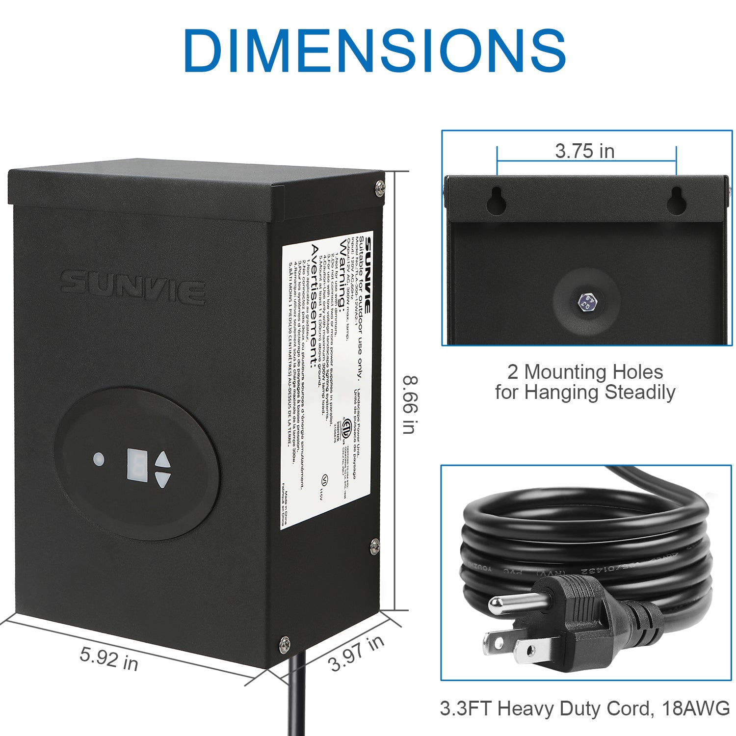 SUNVIE 300W Low Voltage Transformer for Landscape Lighting with Timer and Photocell Sensor Waterproof Power Supply for Landscape Lights Path Lights Outdoor Spotlight 120V AC to 12V /14V AC(ETL Listed) LVT-TDC-300AC Lee Lighting