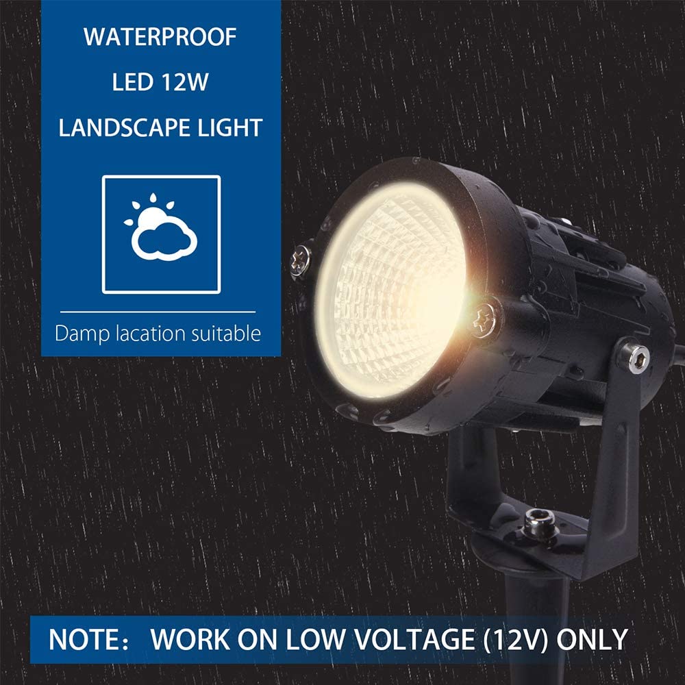 SUNVIE 12W LED Landscape Lighting Low Voltage (AC/DC 12V) Waterproof Garden Pathway Lights Super Warm White (900LM) Walls Trees Flags Outdoor Spotlights with Spike Stand (2 Pack) Lee Lighting