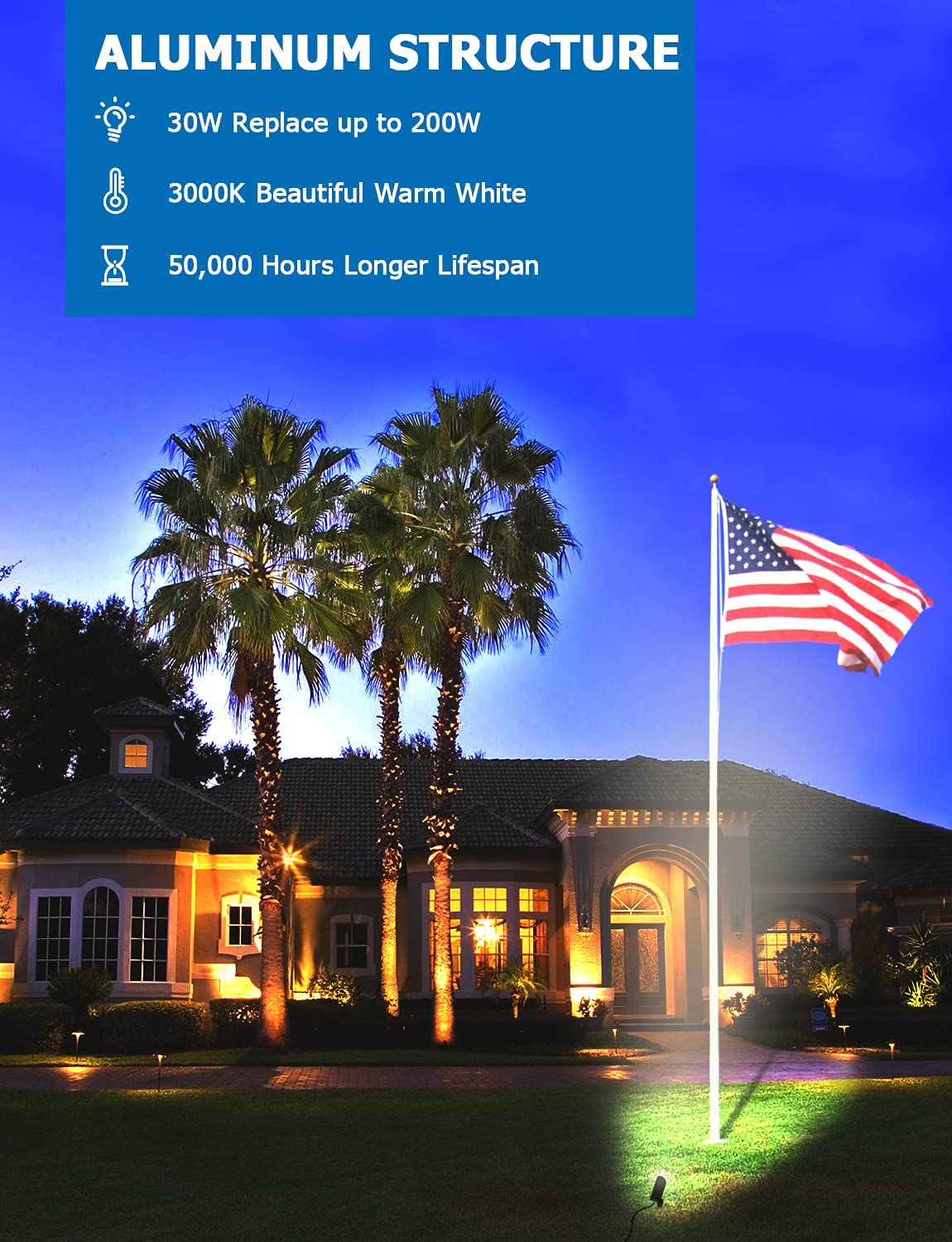 SUNVIE 30W Outdoor LED Spotlight 120V Waterproof Landscape Spotlights 3000LM Ultra Bright Spot Lights Outdoor 3000K Warm White Landscape Lights with 6 FT Cord for Flag Pole Tree Yard Path Garden Decor Lee Lighting