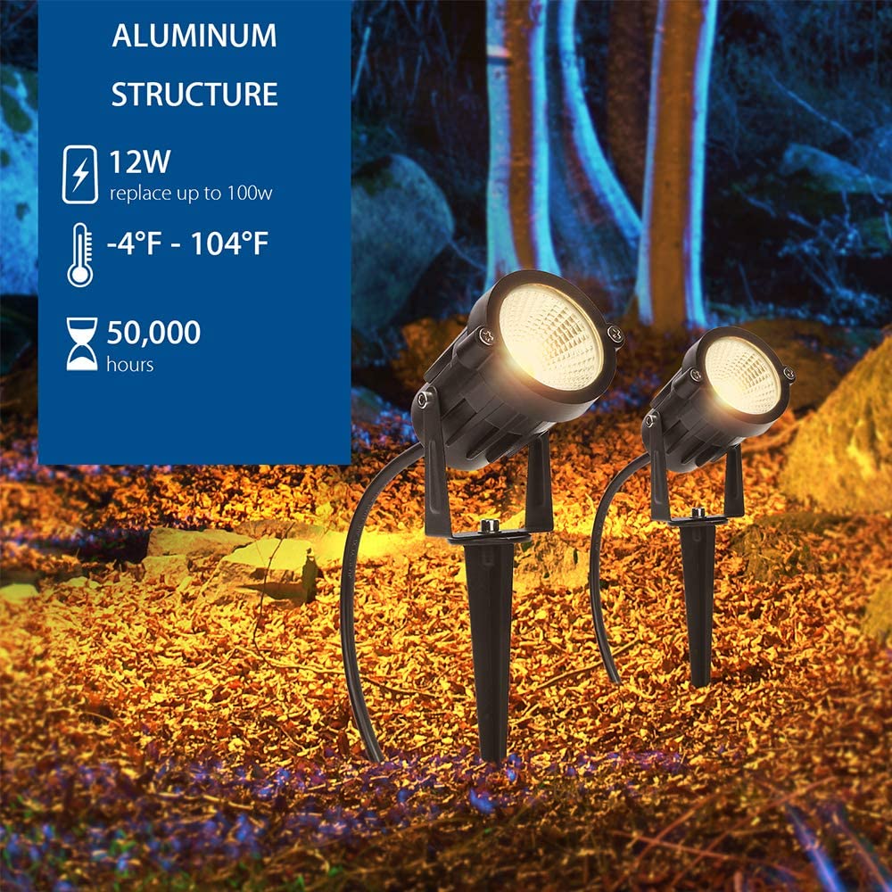 SUNVIE 12W LED Landscape Lighting Low Voltage (AC/DC 12V) Waterproof Garden Pathway Lights Super Warm White (900LM) Walls Trees Flags Outdoor Spotlights with Spike Stand (2 Pack) Lee Lighting