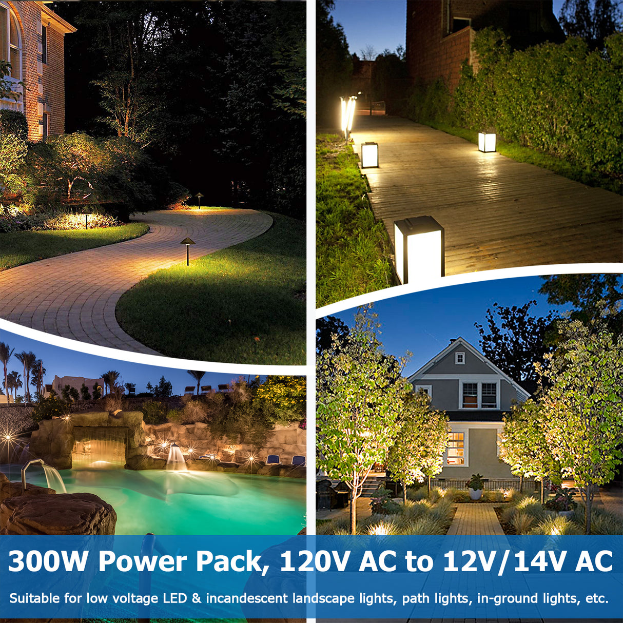 SUNVIE 300W Low Voltage Transformer for Landscape Lighting with Timer and Photocell Sensor Waterproof Power Supply for Landscape Lights Path Lights Outdoor Spotlight 120V AC to 12V /14V AC(ETL Listed) LVT-TDC-300AC Lee Lighting