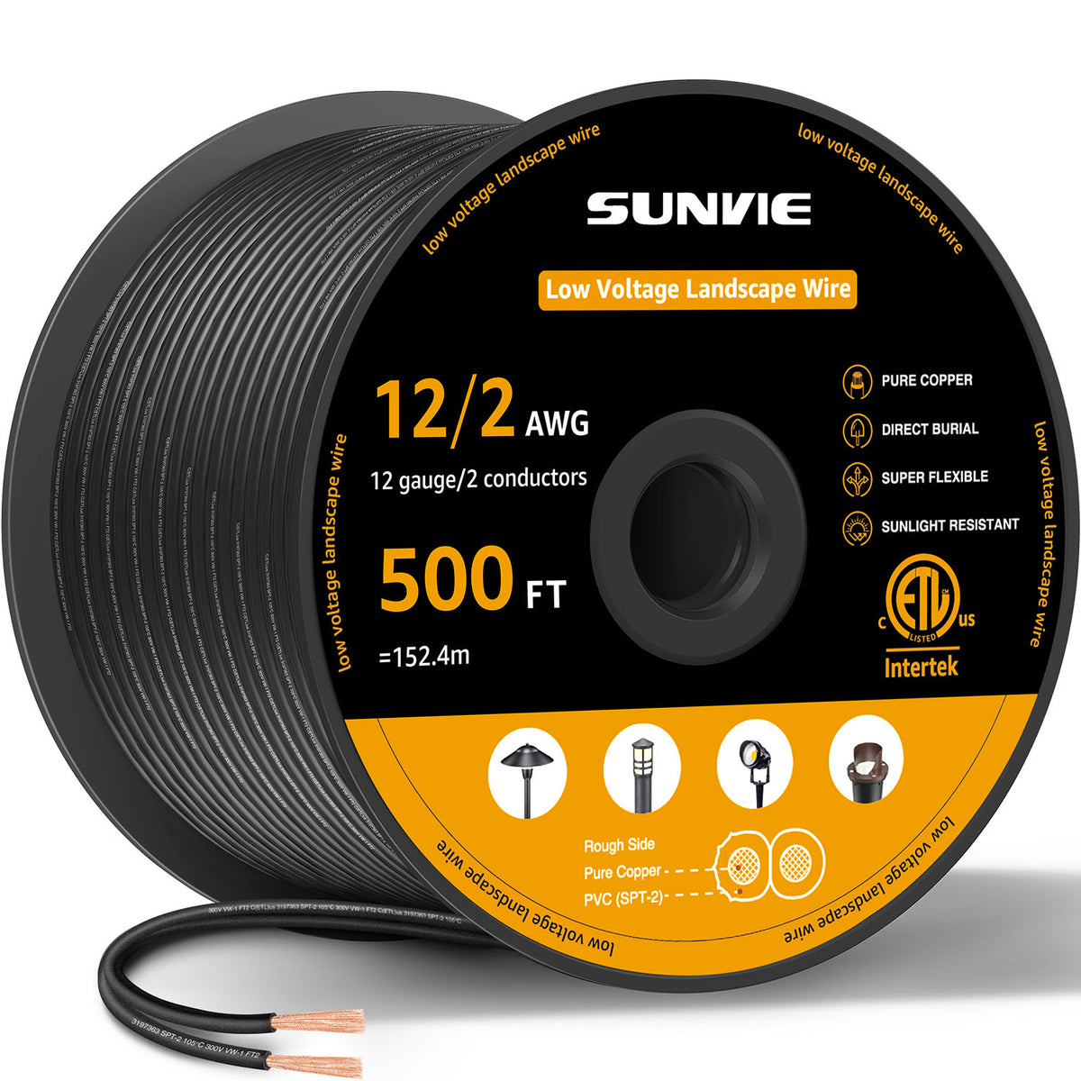 500FT 12 Gauge 12/2 Low Voltage Stranded Copper Electric Wire for Landscape Lighting Wire, ETL Listed LVW-RL12-2C500