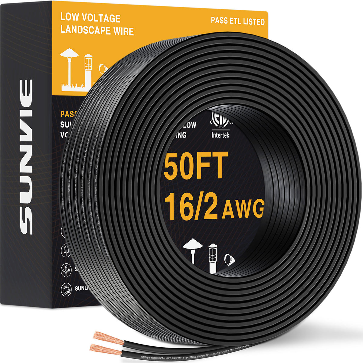 50FT 16 Gauge 16/2 Low Voltage Stranded Copper Electric Wire for Landscape Lighting Wire, ETL Listed LVW-RL16-2C50