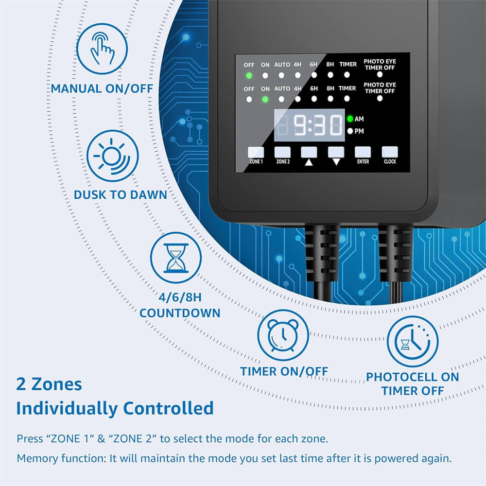 200W Landscape Lights Transformer with 2 Independent Control Output & Timer & Photocell Sensor