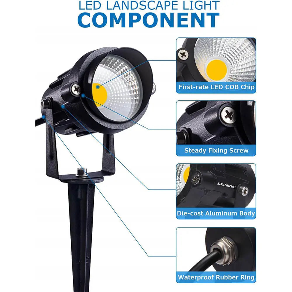 SUNVIE 12W Low Voltage LED Landscape Lights with Connectors, Outdoor 12V Super Warm White (900LM) Waterproof Garden Pathway Lights Wall Tree Flag Spotlights with Spike Stand (10 Pack with Connector) Lee Lighting