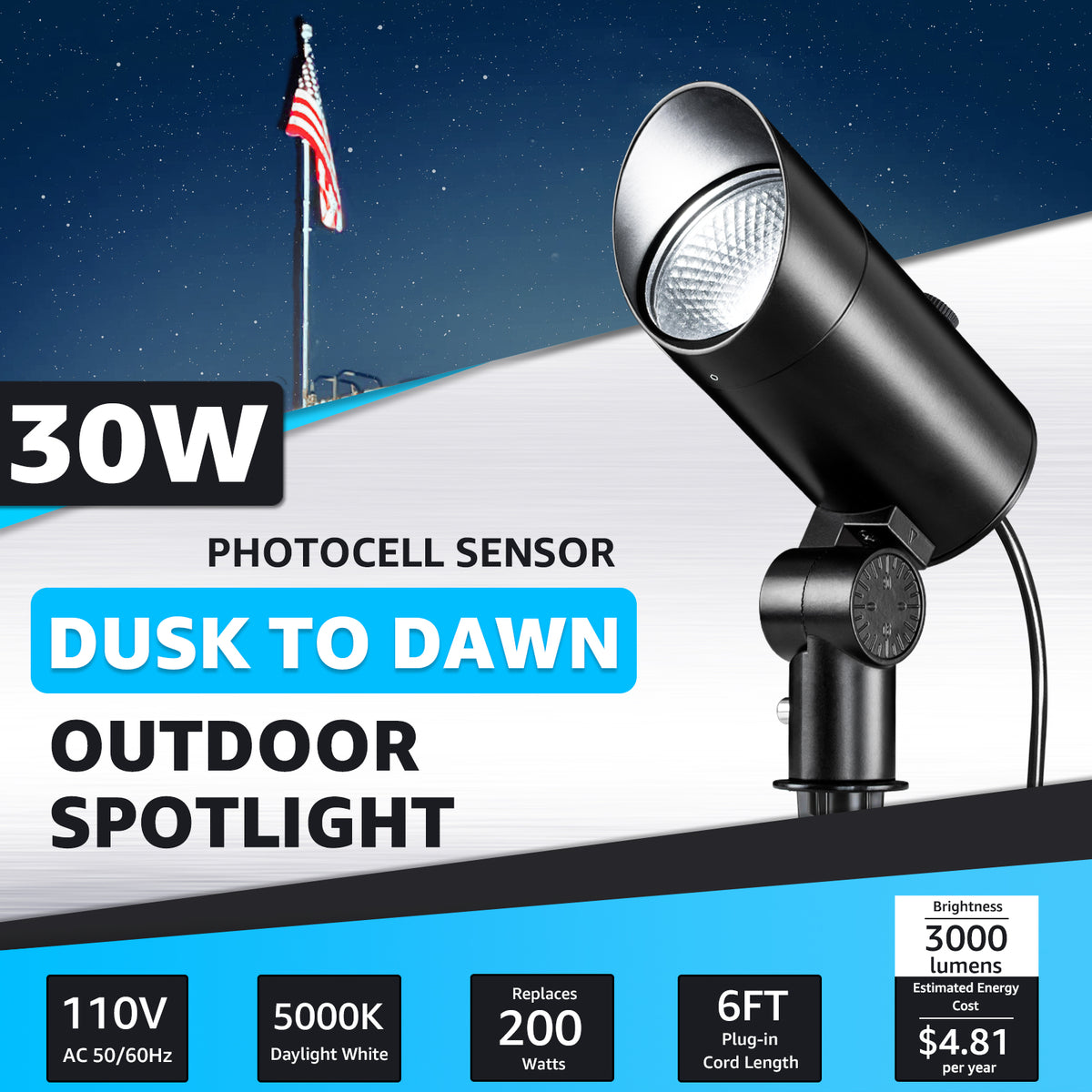 Chdp Sensor 120V 30W 5000K Daylight White Outdoor Flag Pole Spotlight with Photoce ...