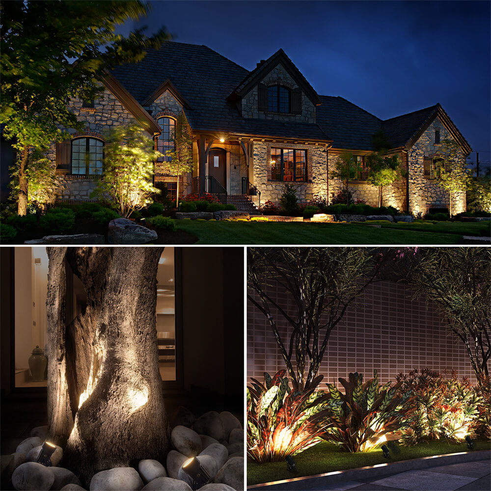 Low Voltage Landscape Spotlights + Hollow Cuboid Path Lights 12 Pack Complete LIghting Kit KTW-W8S4FA