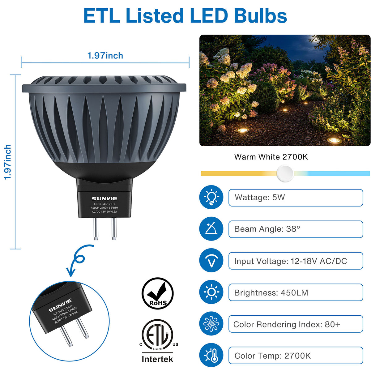 Low Voltage 12V 5W MR16 LED Bulbs 12 Pack – Dimmable GU5.3 Bi-Pin Warm White DMRW-05-12N
