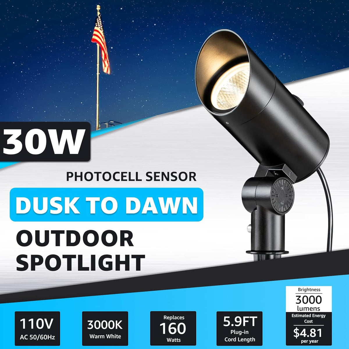 Chwp Support 120V 30W 3000K Warm White Outdoor LED Spotlight with Photocell Sensor ...