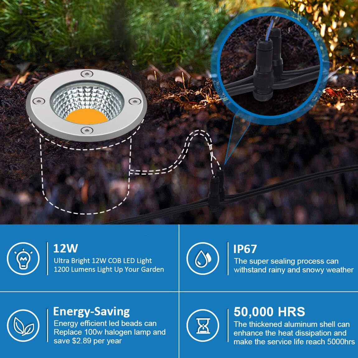 Low Voltage 12W LED Waterproof Outdoor In-Ground Well Lights with Wire Connectors 10 Pack MDD-12-10C SUNVIE