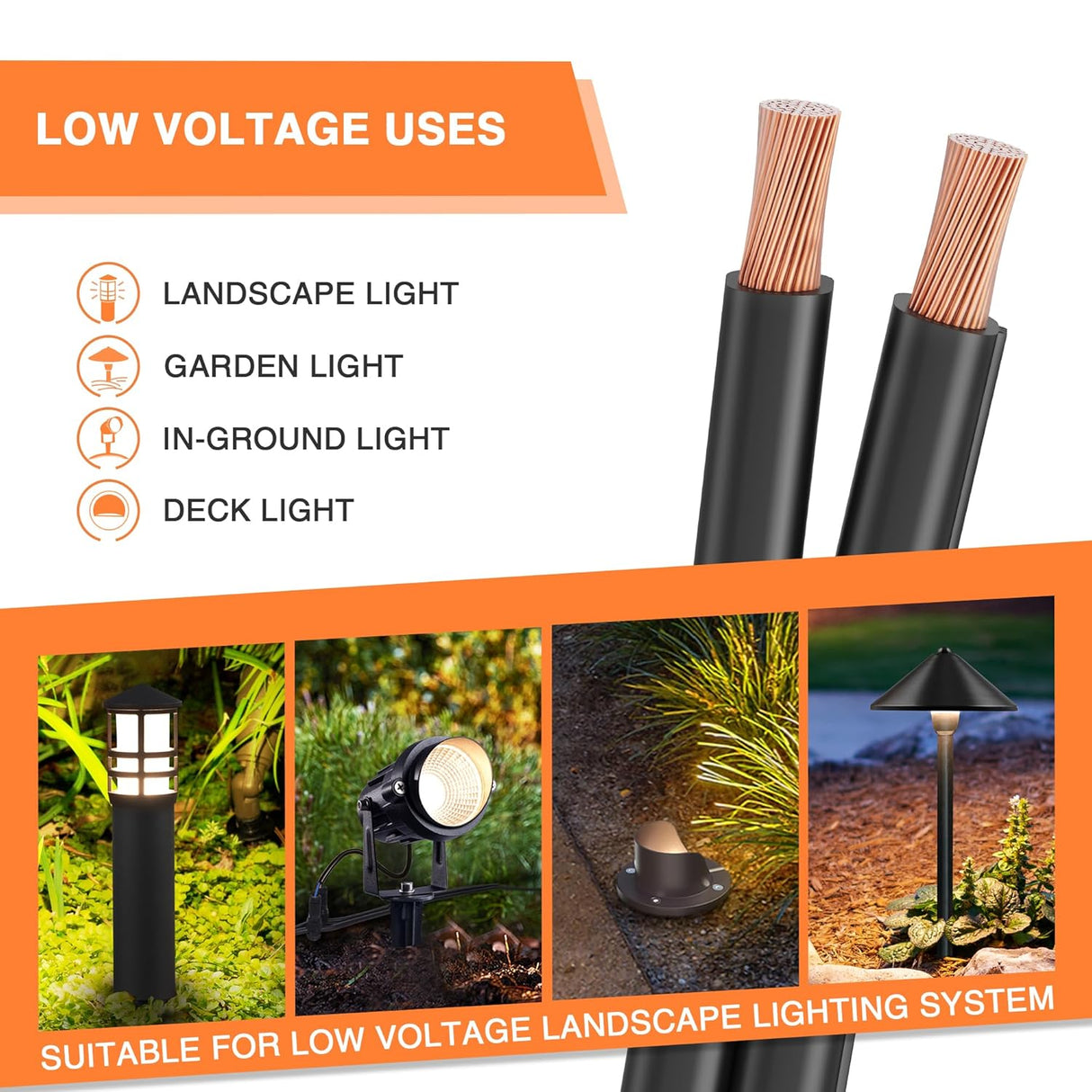 100FT 12 Gauge 12/2 Low Voltage Stranded Copper Electric Wire for Landscape Lighting Wire, ETL Listed LVW-RL12-2C100 SUNVIE