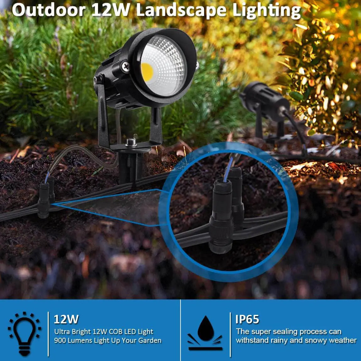 SUNVIE 12W Low Voltage LED Landscape Lights with Connectors, Outdoor 12V Super Warm White (900LM) Waterproof Garden Pathway Lights Wall Tree Flag Spotlights with Spike Stand (10 Pack with Connector) Lee Lighting