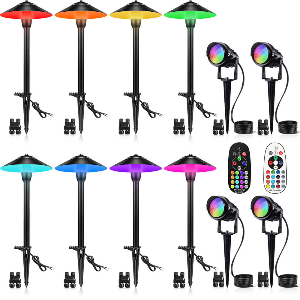 Low Voltage RGBW 8 Landscape Pathway Lights + 4 Spotlights Lighting Kit 12 Pack K-R4S8P