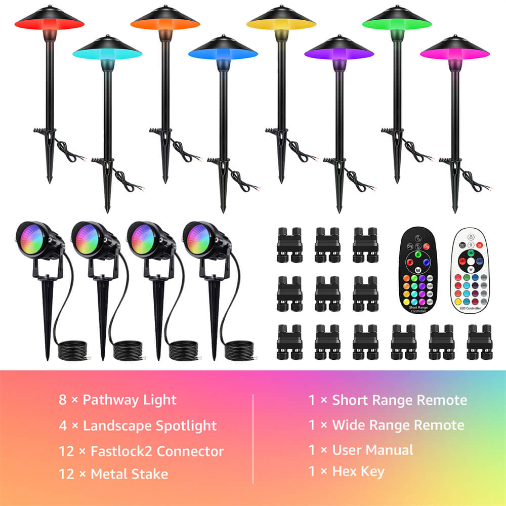 Low Voltage RGBW 8 Landscape Pathway Lights + 4 Spotlights Lighting Kit 12 Pack K-R4S8P