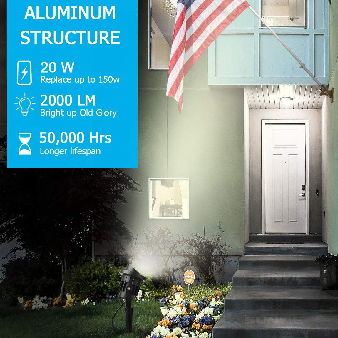 SUNVIE 20W Outdoor Spotlight LED Landscape Lighting 120V AC Waterproof Yard Spot Lights Outdoor with Stake for Tree Flag Lights 3000K Ultra Warm White Lawn Decorative Lamp with US 3-Plug in (2 Pack) Lee Lighting