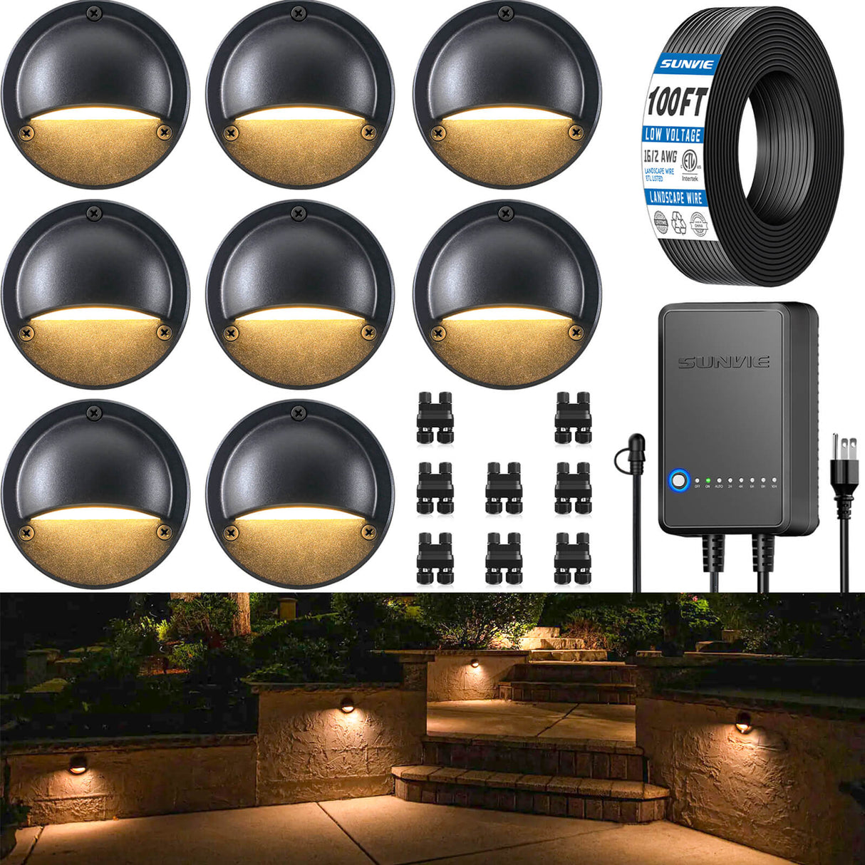 All-In-One Low Voltage Deck Lights Kit with Transformer, Wire & Connectors 8 Pack KTW-W8YBB