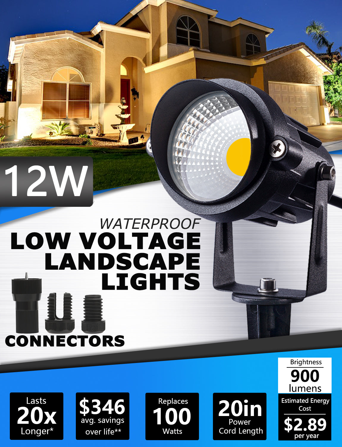 SUNVIE 12W Low Voltage LED Landscape Lights with Connectors Outdoor 12V Super Warm White 900LM Waterproof Garden Pathway Lights Wall Tree Flag
