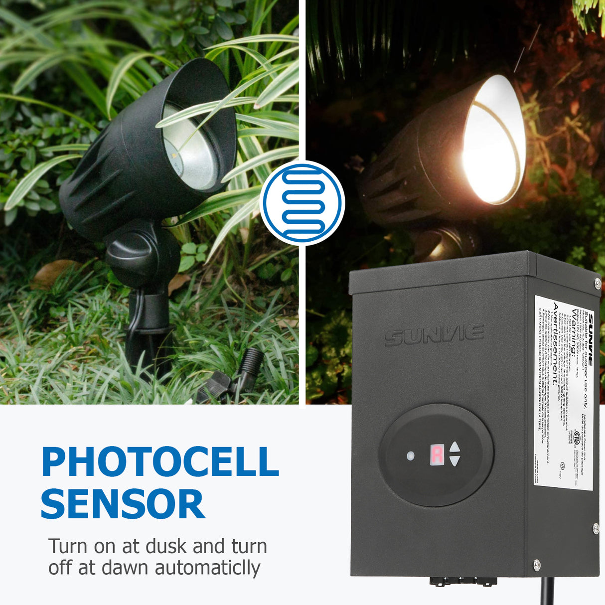 SUNVIE 300W Low Voltage Transformer for Landscape Lighting with Timer and Photocell Sensor Waterproof Power Supply for Landscape Lights Path Lights Outdoor Spotlight 120V AC to 12V /14V AC(ETL Listed) LVT-TDC-300AC Lee Lighting