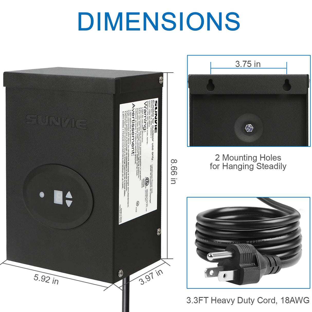 SUNVIE 300W Low Voltage Transformer for Landscape Lighting with Timer and Photocell Sensor Waterproof Power Supply for Landscape Lights Path Lights Outdoor Spotlight 120V AC to 12V /14V AC(ETL Listed) LVT-TDC-300AC Lee Lighting