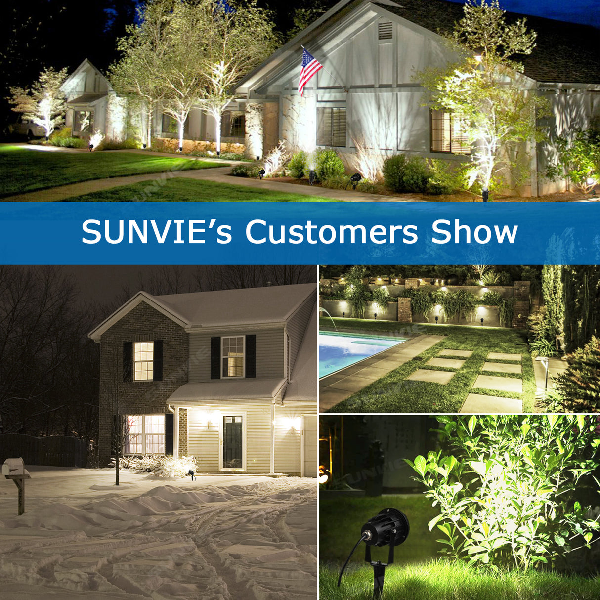 SUNVIE 12W Spot Lights Outdoor LED Landscape Lighting 120V AC Spotlights for Yard Waterproof Landscape Lights with Spiked Stake for Tree Garden Pathway Warm White Flag Lights with US 3-Plug In(4 Pack) Lee Lighting