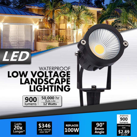 SUNVIE 12W LED Landscape Lighting Low Voltage (AC/DC 12V) Waterproof Garden Pathway Lights Super Warm White (900LM) Walls Trees Flags Outdoor Spotlights with Spike Stand (2 Pack) Lee Lighting